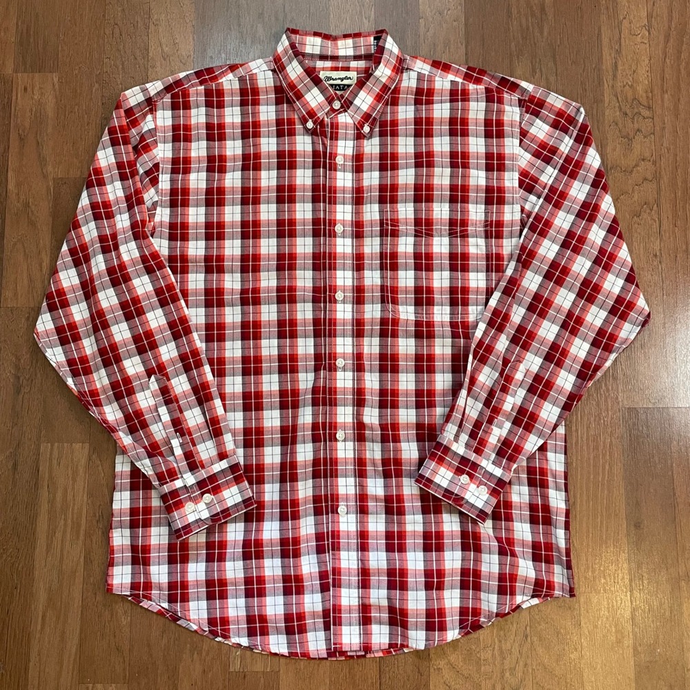 Wrangler Riata Mens Red Plaid Button Down Shirt Large Regular Fit Long Sleeve